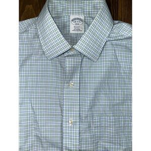 BROOKS BROTHERS SHIRT, Men 16 x 2/3 Blue White Green Plaid, NO IRON, EUC